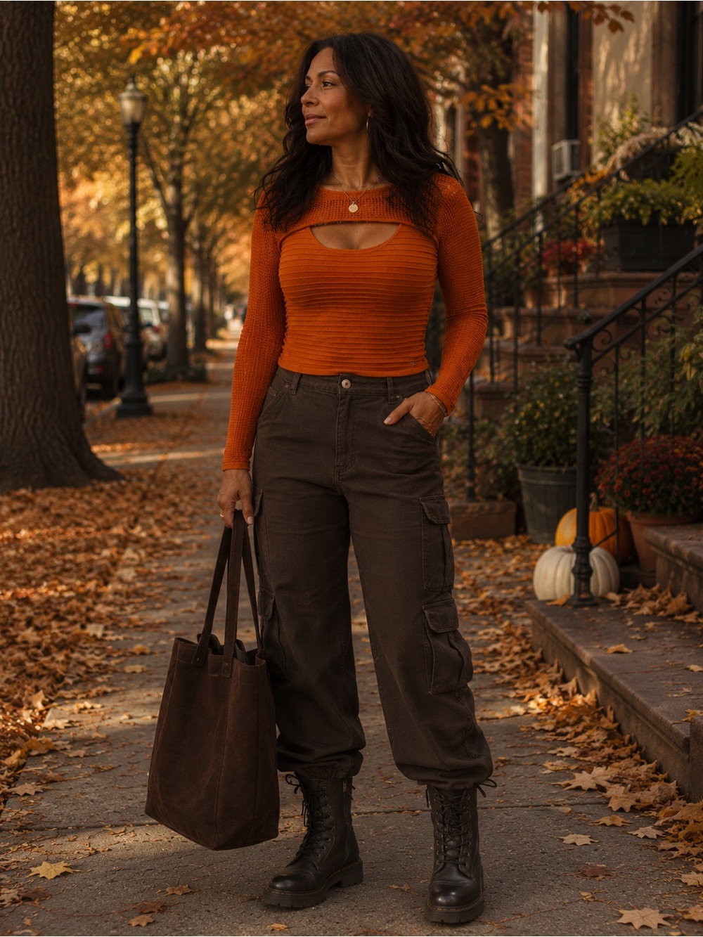 Guess Orange Cutout Knit Long-Sleeve Top